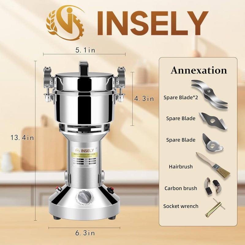 INSELY Grain Mill Grinder 300g High Speed Food Grain Mill Stainless Steel Seeds Flour Nut Pill Wheat Corn Herbs Spices & Seasonings Dry Grinder Electric Machine Grinder for Kitchen - Image 2